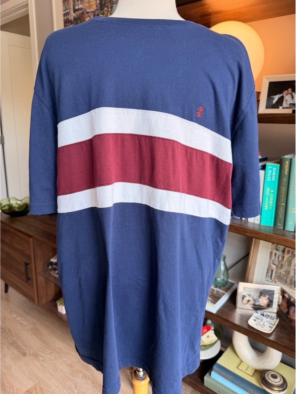 IZOD Navy Blue and Burgundy Color Block Stripe Cotton Blend T-Shirt Size L